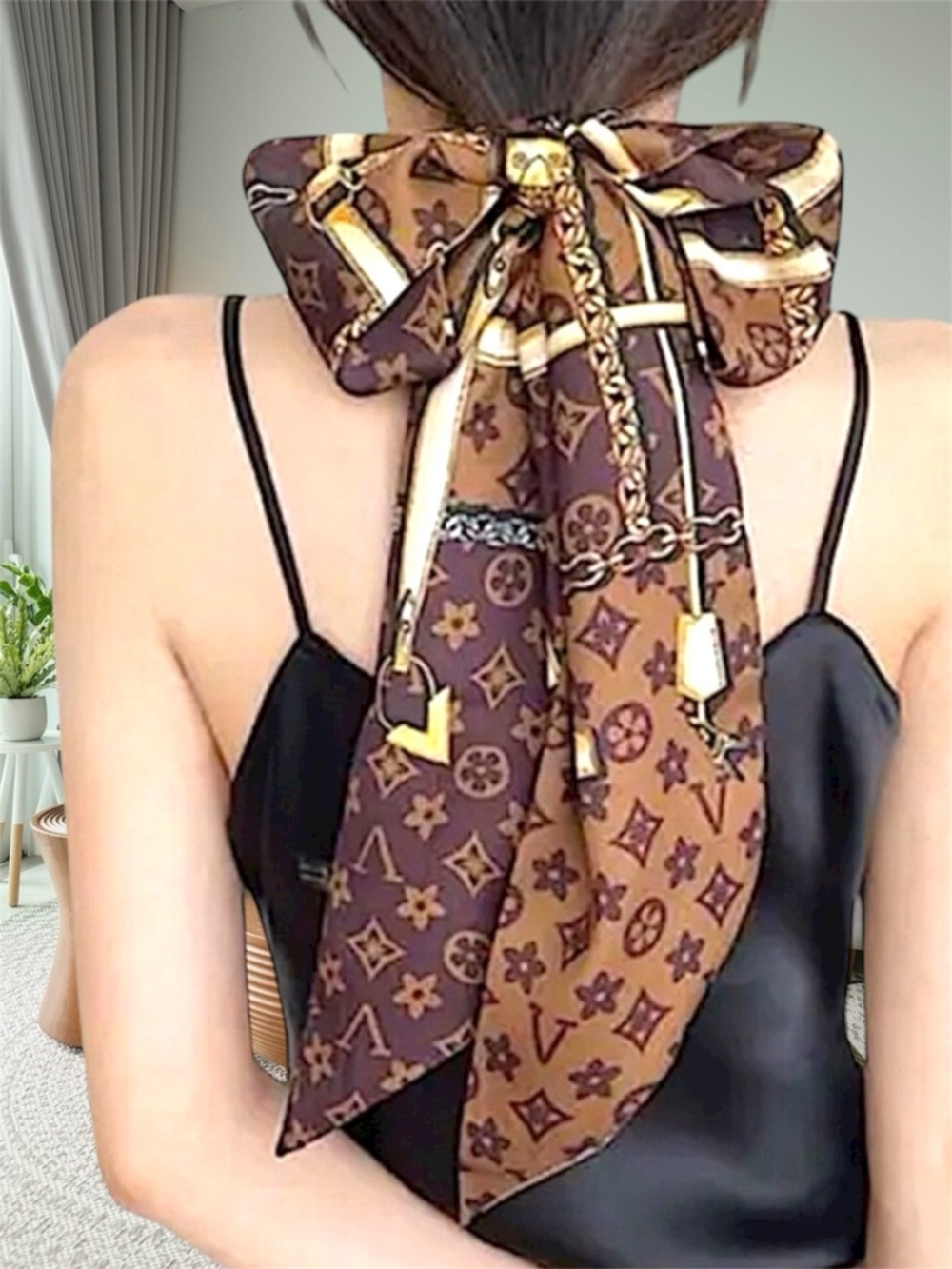 SCARF BANDEAU RIBBON TIE TWILLY HAIR ACCESSORY HEADBAND BROWN FLOWERS